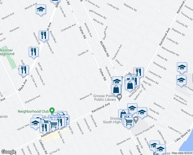 map of restaurants, bars, coffee shops, grocery stores, and more near 652 Lincoln Road in Grosse Pointe