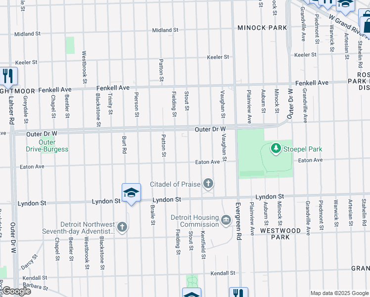 map of restaurants, bars, coffee shops, grocery stores, and more near 14810 Stout Street in Detroit