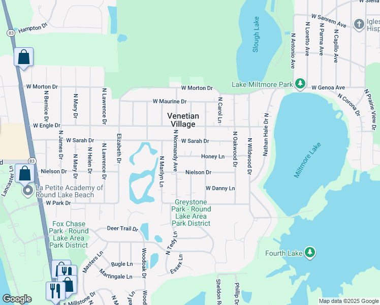 map of restaurants, bars, coffee shops, grocery stores, and more near 21417 Honey Lane in Lake Villa