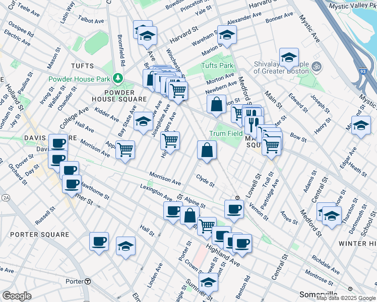 map of restaurants, bars, coffee shops, grocery stores, and more near 48 Boston Avenue in Somerville