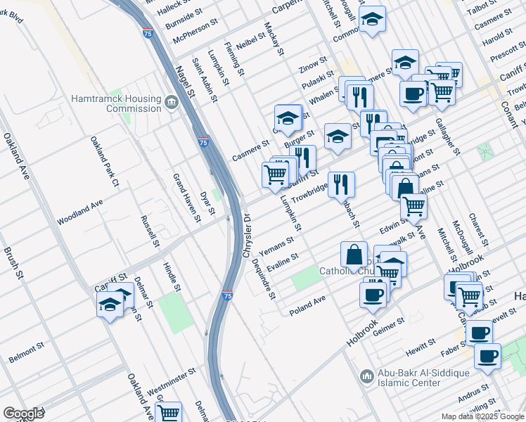 map of restaurants, bars, coffee shops, grocery stores, and more near 1954 Trowbridge Street in Hamtramck