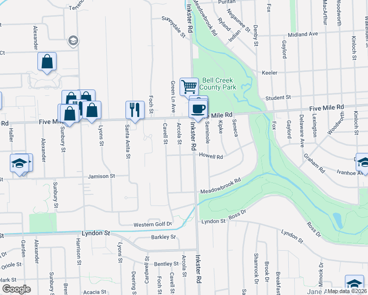 map of restaurants, bars, coffee shops, grocery stores, and more near 14970 Arcola Street in Livonia