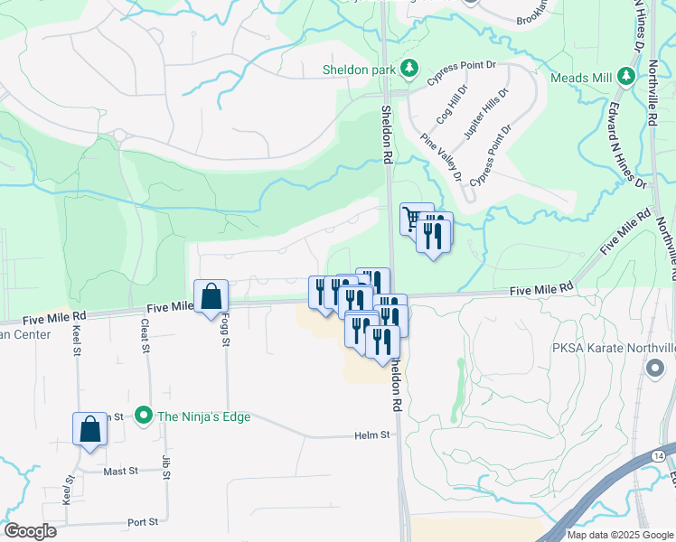 map of restaurants, bars, coffee shops, grocery stores, and more near 44600 Five Mile Road in Township of Northville