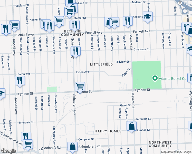 map of restaurants, bars, coffee shops, grocery stores, and more near 14566 Littlefield Street in Detroit