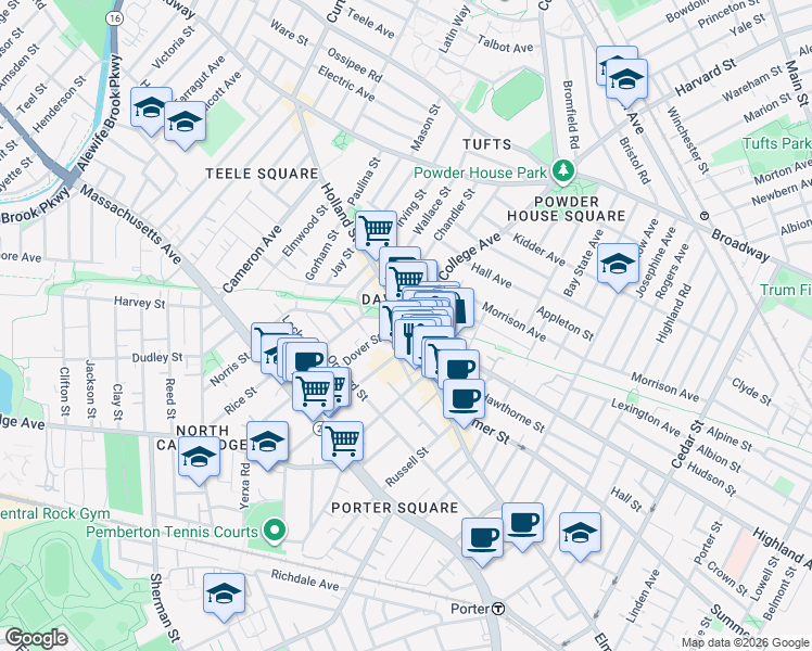 map of restaurants, bars, coffee shops, grocery stores, and more near 55 Davis Square in Somerville