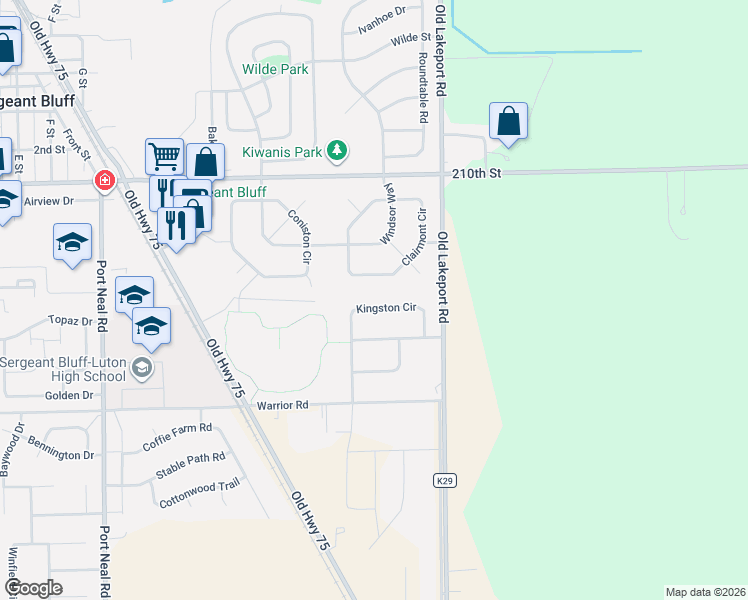 map of restaurants, bars, coffee shops, grocery stores, and more near 522 Kingston Circle in Sergeant Bluff