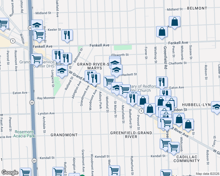 map of restaurants, bars, coffee shops, grocery stores, and more near 16221 Michigan 5 in Detroit