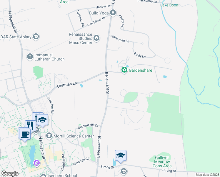 map of restaurants, bars, coffee shops, grocery stores, and more near 515 East Pleasant Street in Amherst