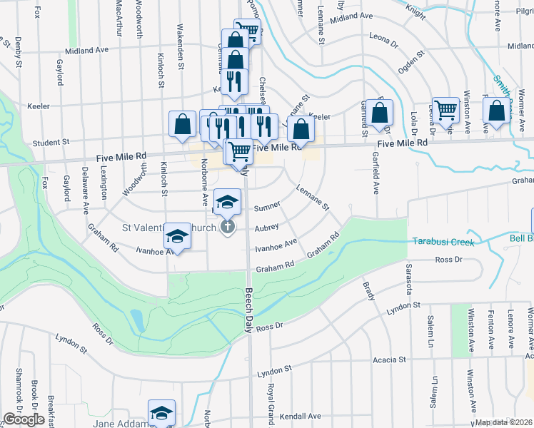 map of restaurants, bars, coffee shops, grocery stores, and more near 14827 Aubrey in Redford Charter Township