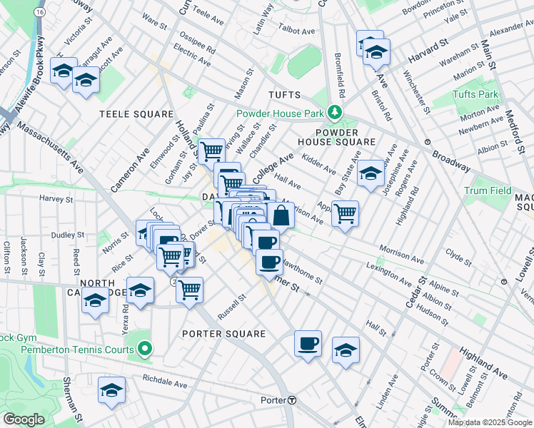 map of restaurants, bars, coffee shops, grocery stores, and more near in Somerville