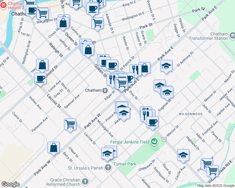 map of restaurants, bars, coffee shops, grocery stores, and more near 420 Queen Street in Chatham