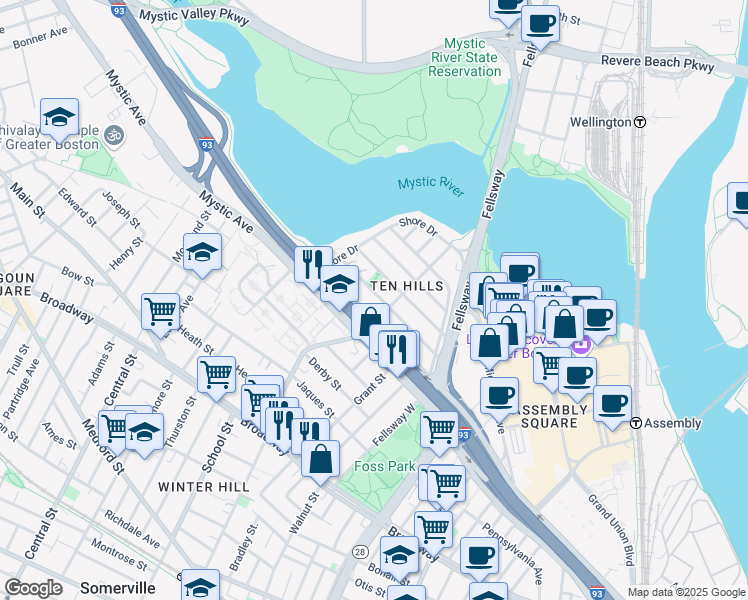 map of restaurants, bars, coffee shops, grocery stores, and more near 67 Bailey Road in Somerville
