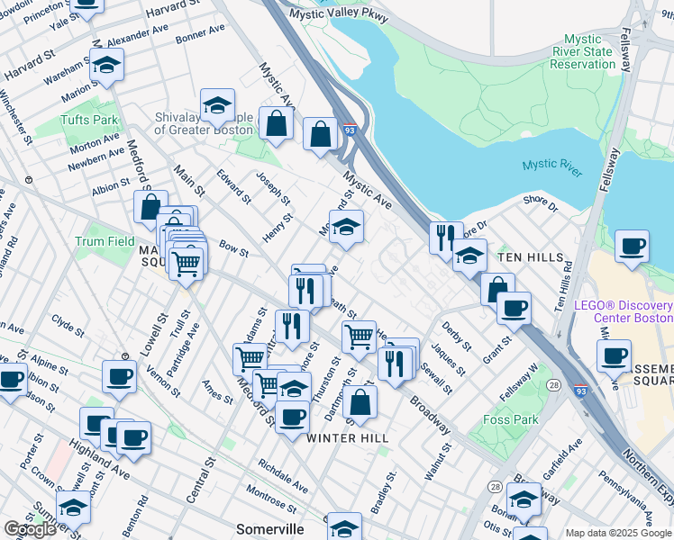 map of restaurants, bars, coffee shops, grocery stores, and more near 107 Heath Street in Somerville