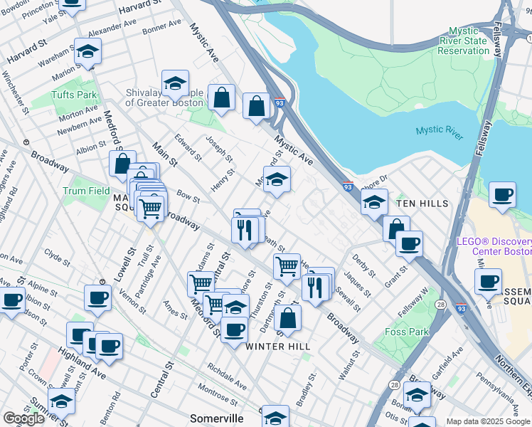 map of restaurants, bars, coffee shops, grocery stores, and more near 107 Heath Street in Somerville