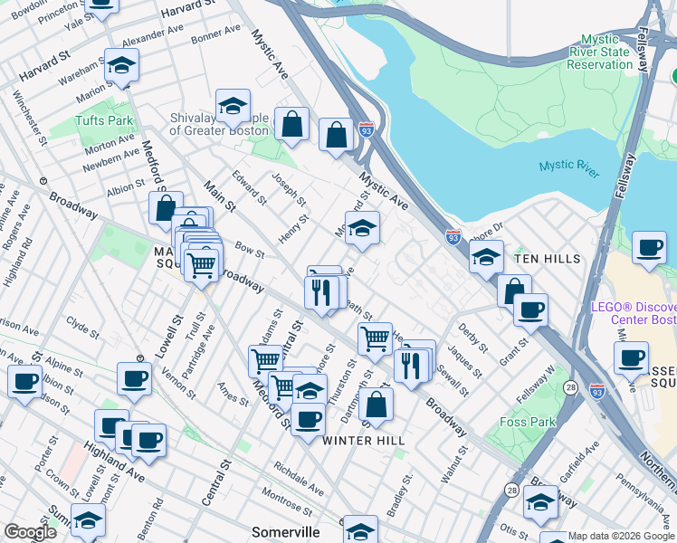 map of restaurants, bars, coffee shops, grocery stores, and more near 107 Heath Street in Somerville