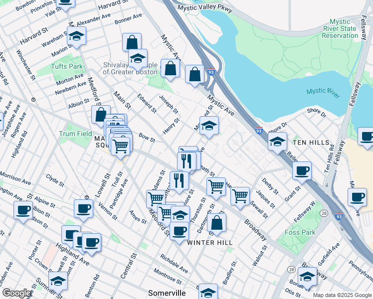 map of restaurants, bars, coffee shops, grocery stores, and more near 33 Main Street in Somerville
