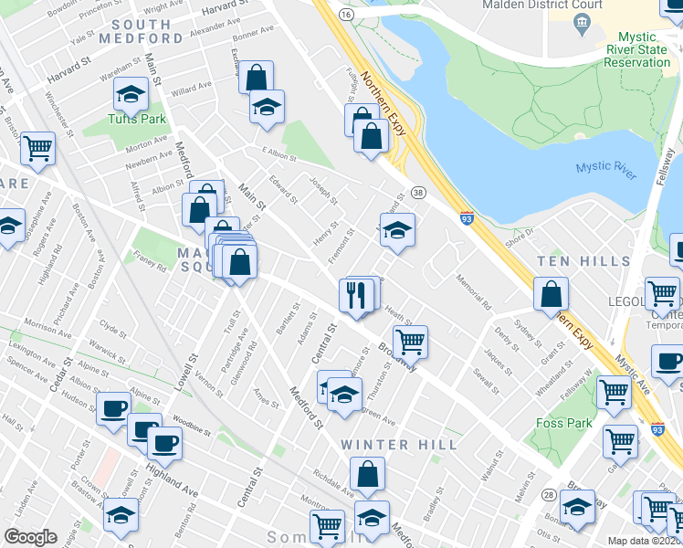 map of restaurants, bars, coffee shops, grocery stores, and more near 33 Main Street in Somerville
