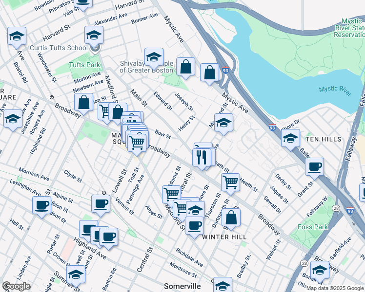 map of restaurants, bars, coffee shops, grocery stores, and more near 427A Broadway in Somerville