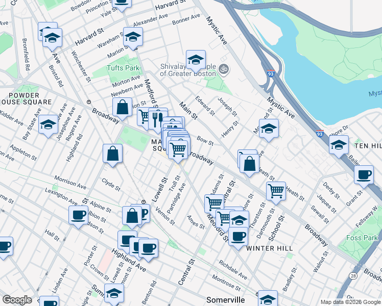 map of restaurants, bars, coffee shops, grocery stores, and more near 499 Medford Street in Somerville