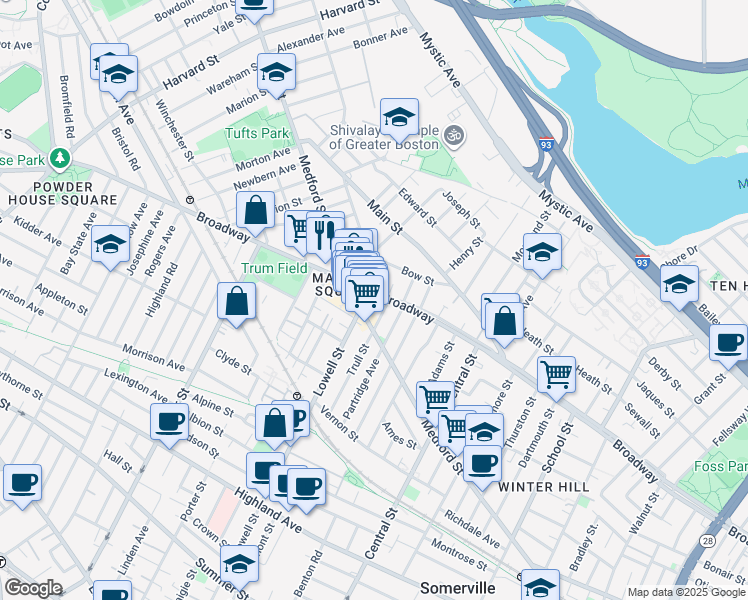 map of restaurants, bars, coffee shops, grocery stores, and more near 499 Medford Street in Somerville