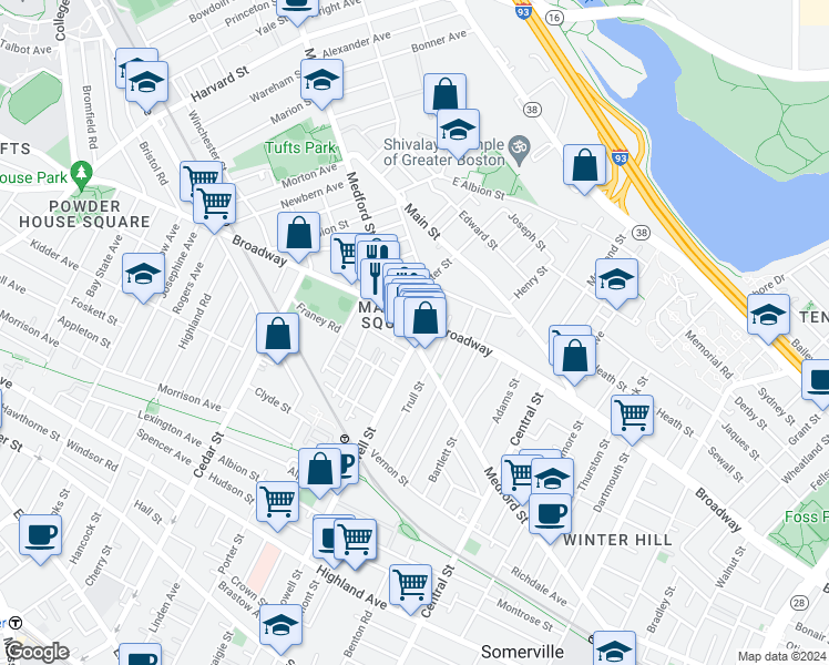 map of restaurants, bars, coffee shops, grocery stores, and more near 499 Medford Street in Somerville