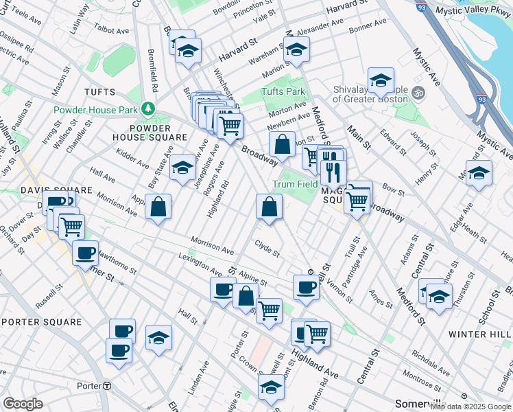 map of restaurants, bars, coffee shops, grocery stores, and more near 48 Boston Avenue in Somerville