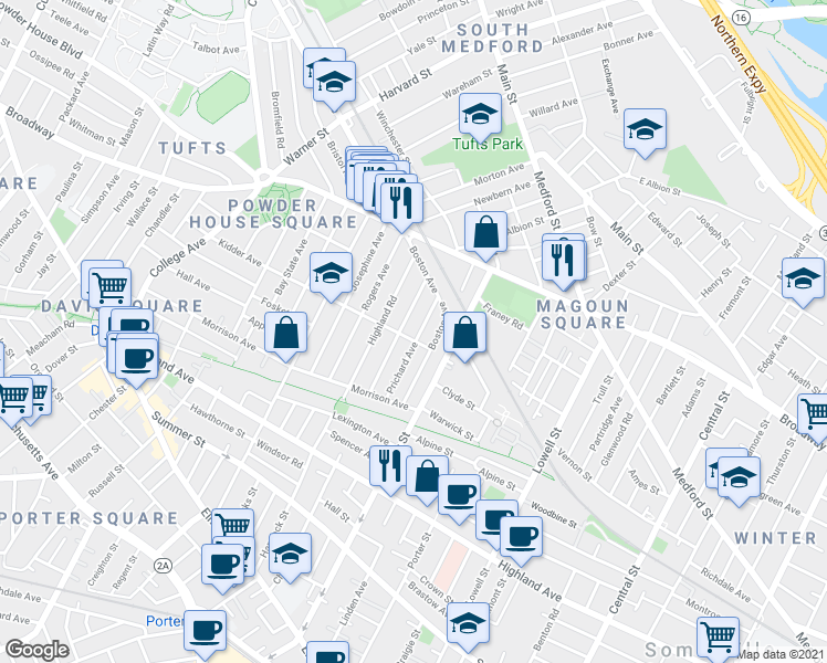 map of restaurants, bars, coffee shops, grocery stores, and more near 48 Boston Avenue in Somerville