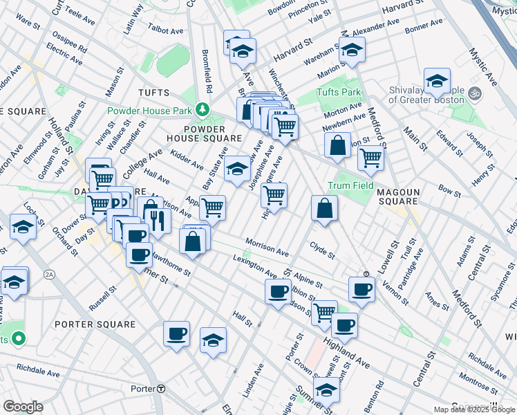 map of restaurants, bars, coffee shops, grocery stores, and more near 19 Rogers Avenue in Somerville