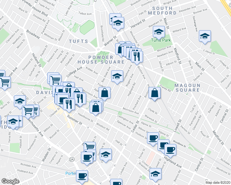 map of restaurants, bars, coffee shops, grocery stores, and more near in Somerville