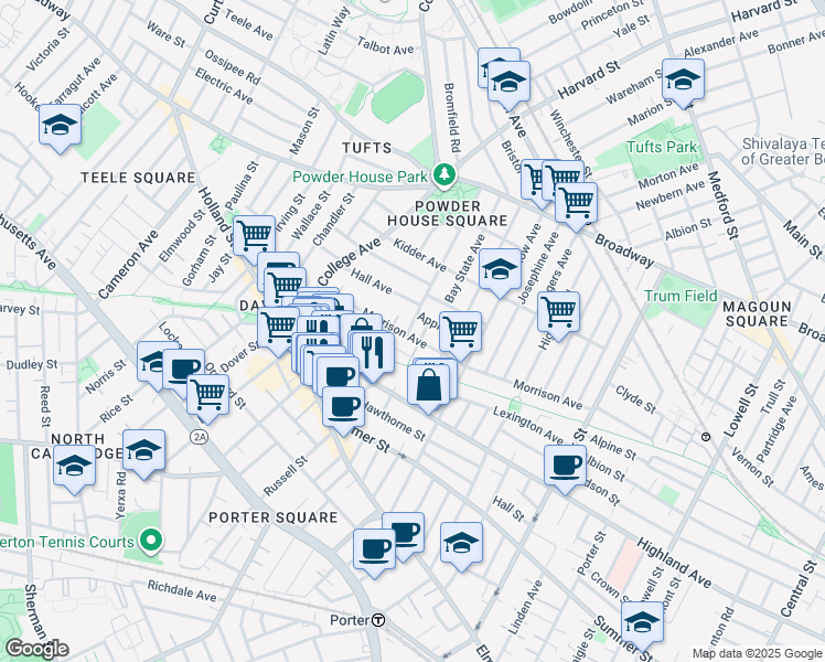 map of restaurants, bars, coffee shops, grocery stores, and more near 97 Winslow Avenue in Somerville