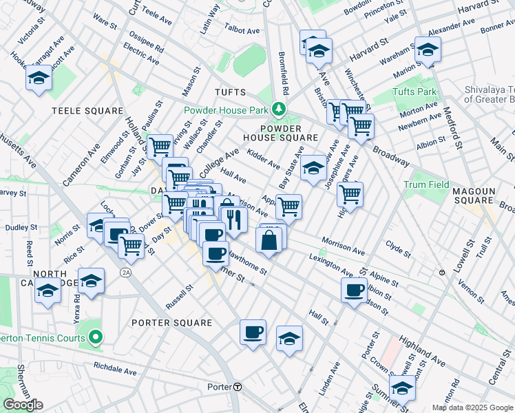 map of restaurants, bars, coffee shops, grocery stores, and more near 97 Winslow Avenue in Somerville