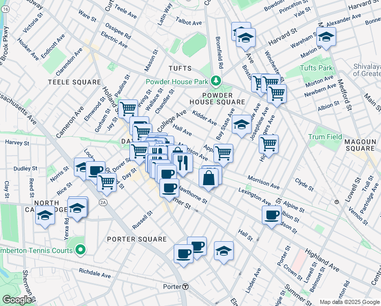 map of restaurants, bars, coffee shops, grocery stores, and more near 97 Winslow Avenue in Somerville