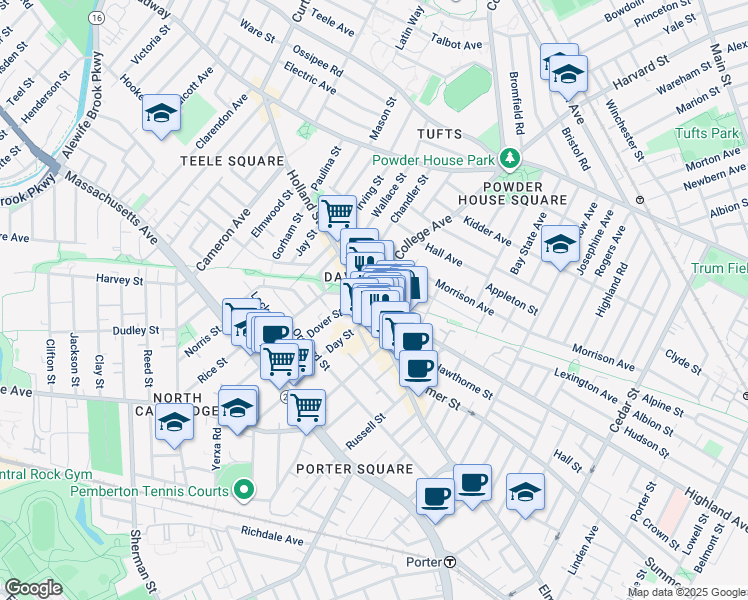 map of restaurants, bars, coffee shops, grocery stores, and more near in Somerville