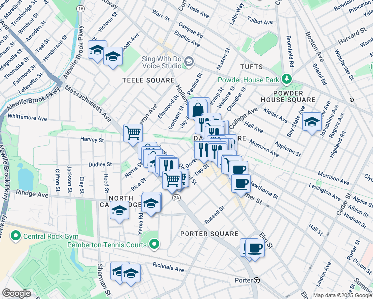 map of restaurants, bars, coffee shops, grocery stores, and more near 155 Orchard Street in Somerville