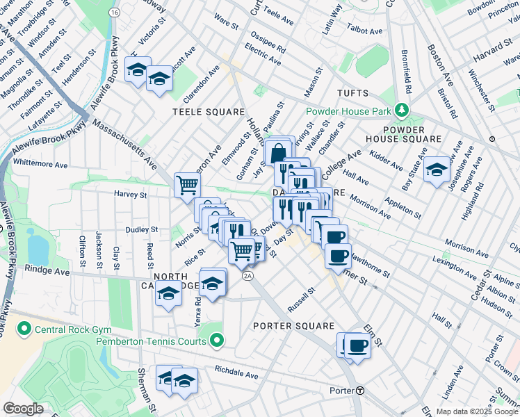 map of restaurants, bars, coffee shops, grocery stores, and more near 155 Orchard Street in Somerville