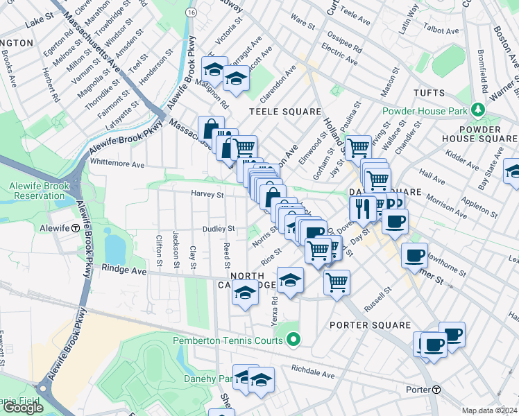 map of restaurants, bars, coffee shops, grocery stores, and more near 22 Dudley Street in Cambridge