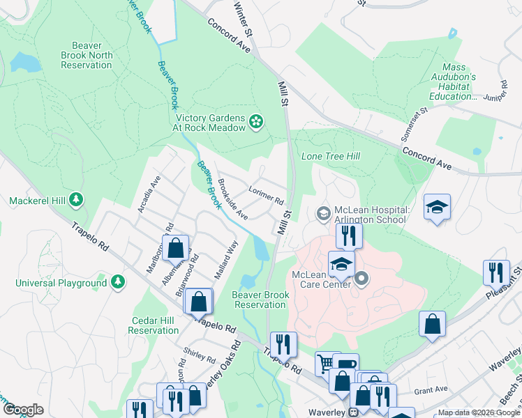 map of restaurants, bars, coffee shops, grocery stores, and more near 26 Regent Road in Belmont