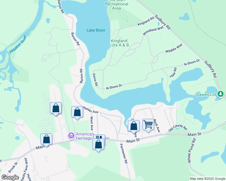 map of restaurants, bars, coffee shops, grocery stores, and more near 154 North Shore Drive in Stow