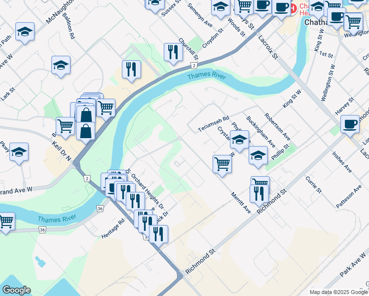 map of restaurants, bars, coffee shops, grocery stores, and more near 6 Marlborough Drive in Chatham