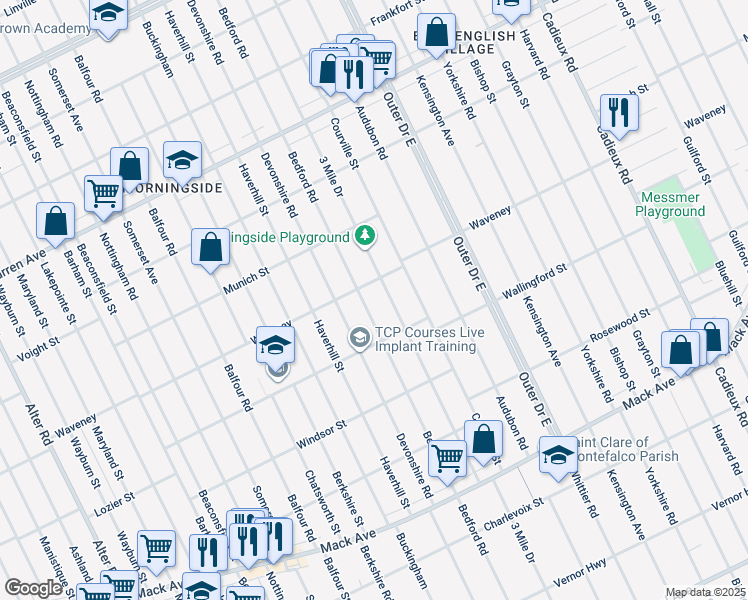 map of restaurants, bars, coffee shops, grocery stores, and more near 4126 Bedford Street in Detroit