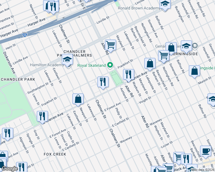 map of restaurants, bars, coffee shops, grocery stores, and more near 14535 East Warren Avenue in Detroit