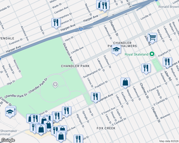 map of restaurants, bars, coffee shops, grocery stores, and more near 5312 Lenox Street in Detroit