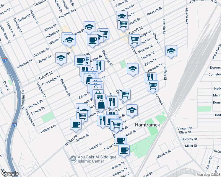 map of restaurants, bars, coffee shops, grocery stores, and more near 9423 McDougall Street in Hamtramck