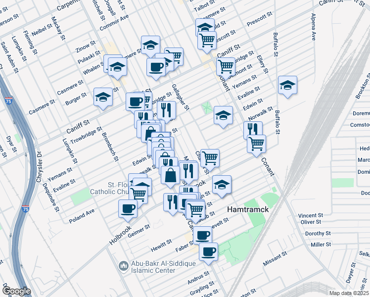 map of restaurants, bars, coffee shops, grocery stores, and more near 9423 McDougall Street in Hamtramck
