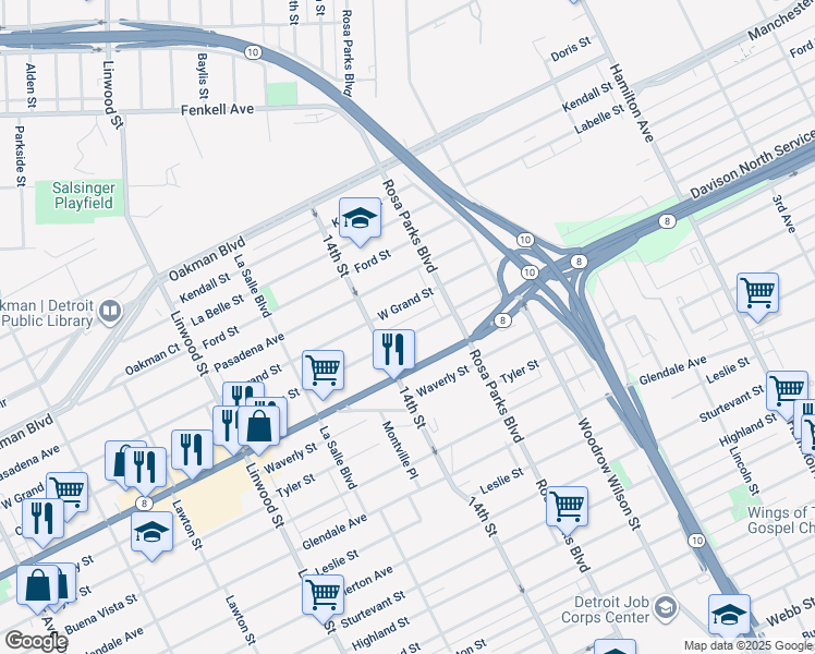 map of restaurants, bars, coffee shops, grocery stores, and more near 1990 West Davison Street in Detroit