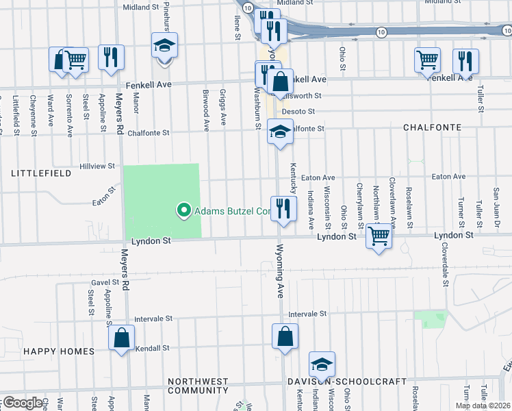 map of restaurants, bars, coffee shops, grocery stores, and more near 14550 Ilene Street in Detroit