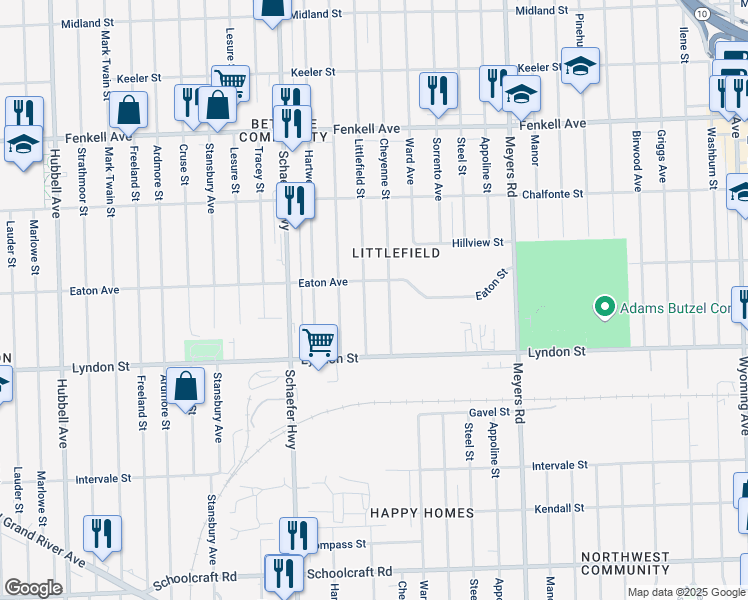 map of restaurants, bars, coffee shops, grocery stores, and more near 14566 Littlefield Street in Detroit