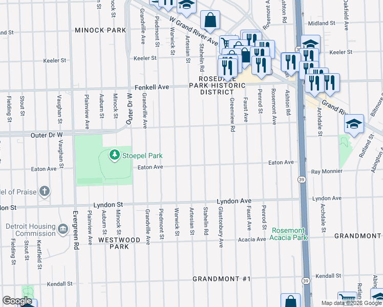 map of restaurants, bars, coffee shops, grocery stores, and more near 14801 Artesian Street in Detroit
