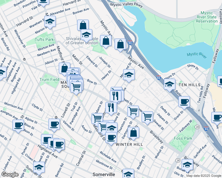 map of restaurants, bars, coffee shops, grocery stores, and more near 33 Main Street in Somerville