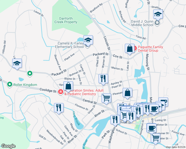 map of restaurants, bars, coffee shops, grocery stores, and more near 1 O'Neil Street in Hudson